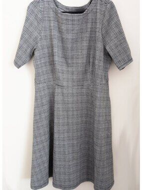 Plaid Dress Gray Tunic Black Gingham Round Collar A-Line Short Sleeve LARGE